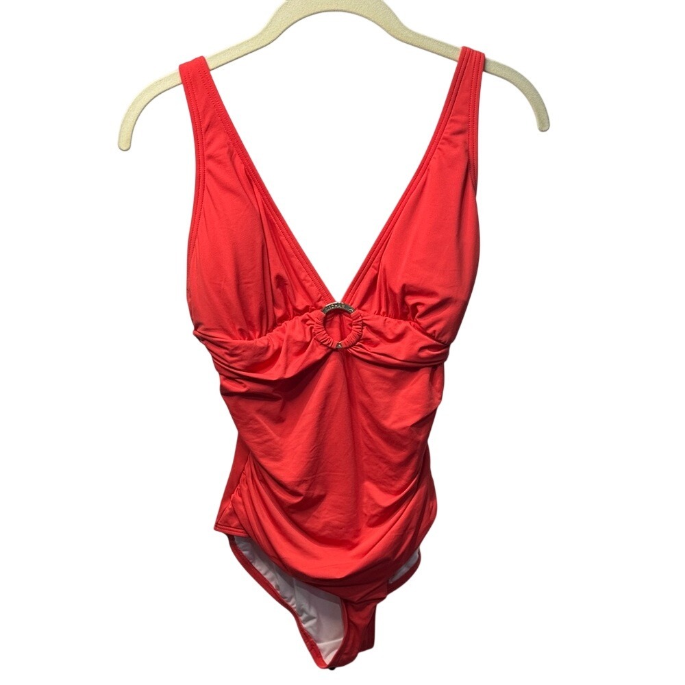 Michael Kors Womens Red V-Neck Ruched One Piece Swimsuit Gold‎ Logo Ring Size 10